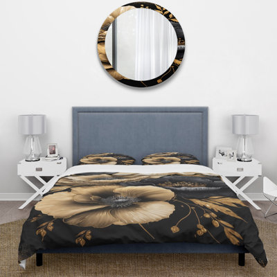Black And Gold Hibiscus II - Floral Hibiscus Duvet Cover Set - Microfiber Polyester