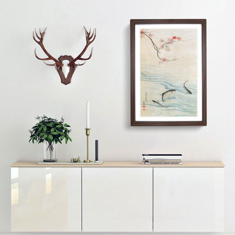 Fish in the Autumn by Maruyama Okyo - Picture Frame Art Print, Walnut Framed, 48cm H x 36cm W x 2cm D