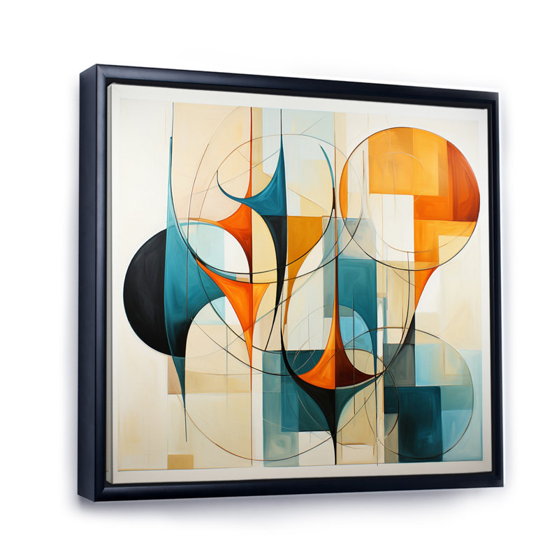 Orange orange bleu Mid Century Harmony In Geometric I - Art abstrait Mid-Century, H 24 po x l 24 po, Noir