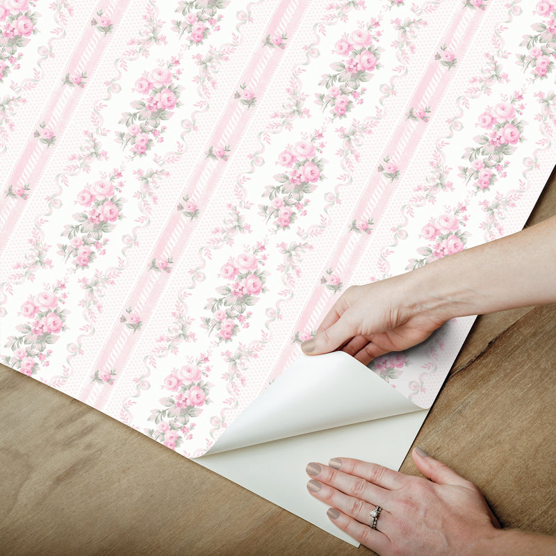 Papier peint à rayures et à fleurs Dreamy Days Parfait, Rose, L 20,5 po x L 246 po, Peler et coller