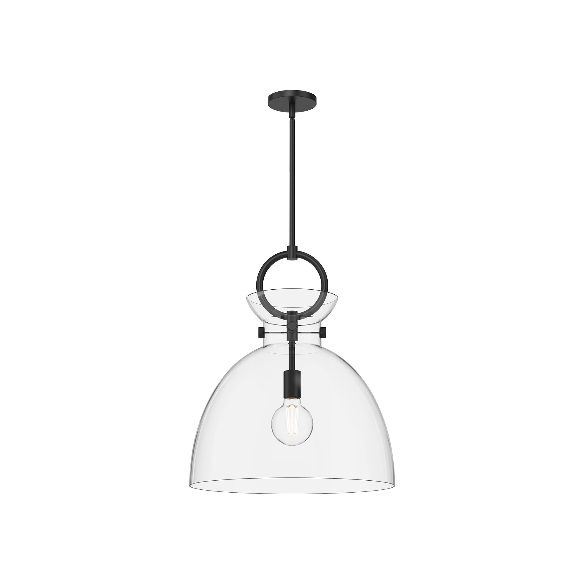 Tinka Single Light Glass Steel Pendant, Matte Black, Clear, 21.75" H x 18" W x 18" D
