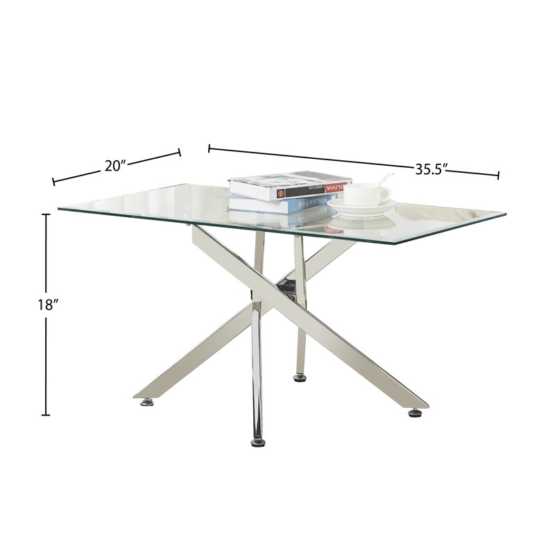 Table basse moderne en verre avec base en métal chromé, plateau en verre trempé biseauté, table de salon contemporaine