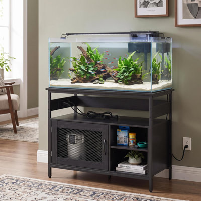 Meuble pour aquarium de 20 à 29 gallons avec prises électriques, en métal et en bois, 3 niveaux de rangement, noir