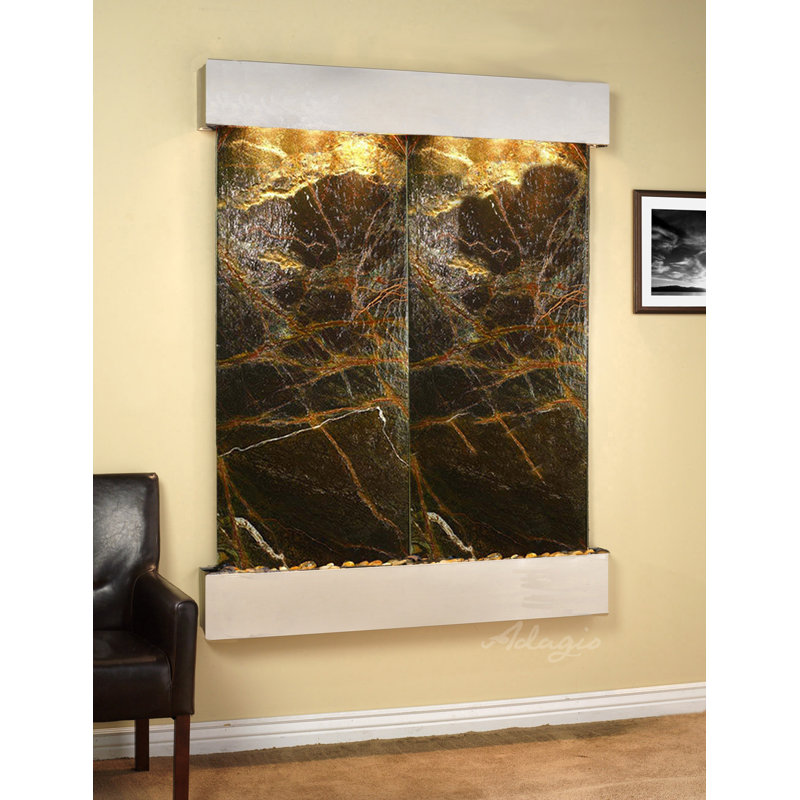 Majestic River Natural Stone Fountain with Light, Rainforest Green Marble, Stainless Steel