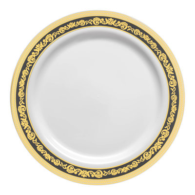 Blanc avec assiettes / assiettes à salade en plastique noir et doré (7,5 po)