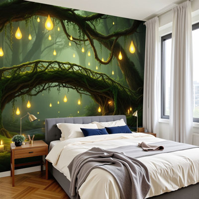 Enchanted Forest Peel and Stick Wallpaper Magical Forest Bridge Glowing Lights Tranquil River Wall Murals 100"H x 144"W Removable PVC Wall Paper Self-Adhesive Wall Paintings Art Decor for Bedroom Living Room