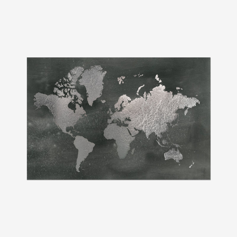 Large Silver World Map On Black Wash by Jennifer Goldberger - Painting, 20cm H x 30cm W, Wrapped Canvas