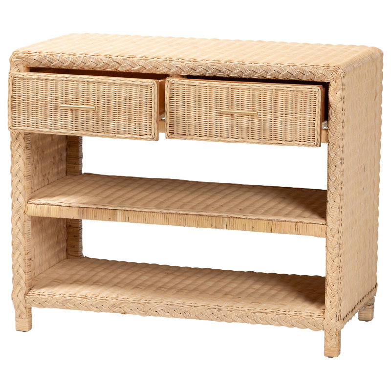 Console tressée en rotin naturel avec tiroirs et tablettes - Armoire de rangement de style bord de mer pour vestibule