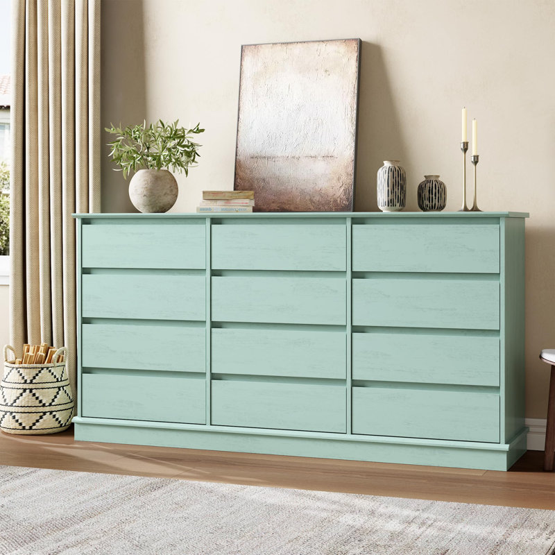 Commode à 12 tiroirs, grande commode de rangement bleu pâle avec grands tiroirs, meuble de rangement aspect bois pour chambre à coucher et dressing