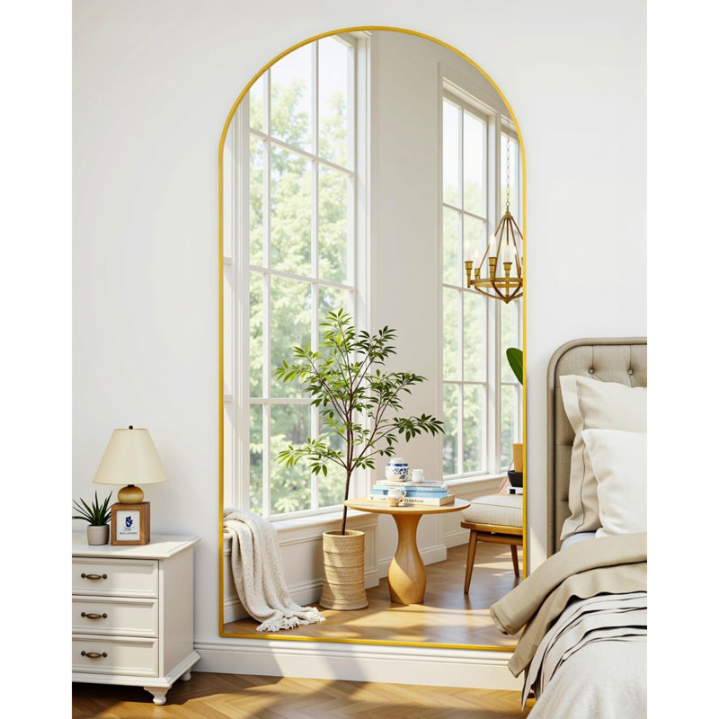 Full Length Mirror, 76"X34" Floor Standing Mirror, Full Body Mirror With Stand For Bedroom, Hanging Or Wall Mounted For Living Room, Cloakroom, Gold, Arched Style