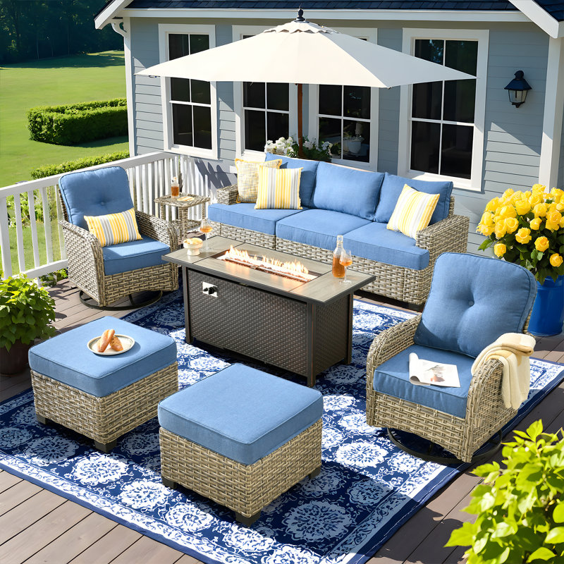 Carolle 9-Piece Outdoor Patio Furniture with fire pit,All-Weather 7-Person Pe Wicker Outdoor Conversation Set, Patio Couch Swivel Rocker Chairs With Solar Powered Coffee Tables For Backyard,Poolside,Deck