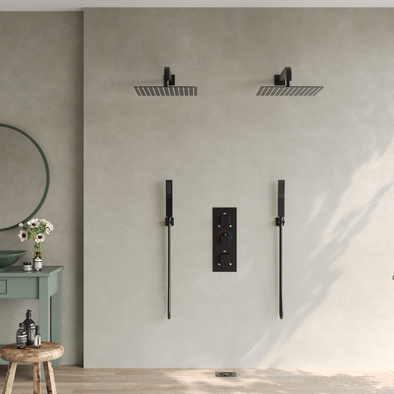 Thermostatic Rainfall Shower System, Wall-Mounted 12" High-Pressure Dual Showerheads with Handheld Spray, Matte Black