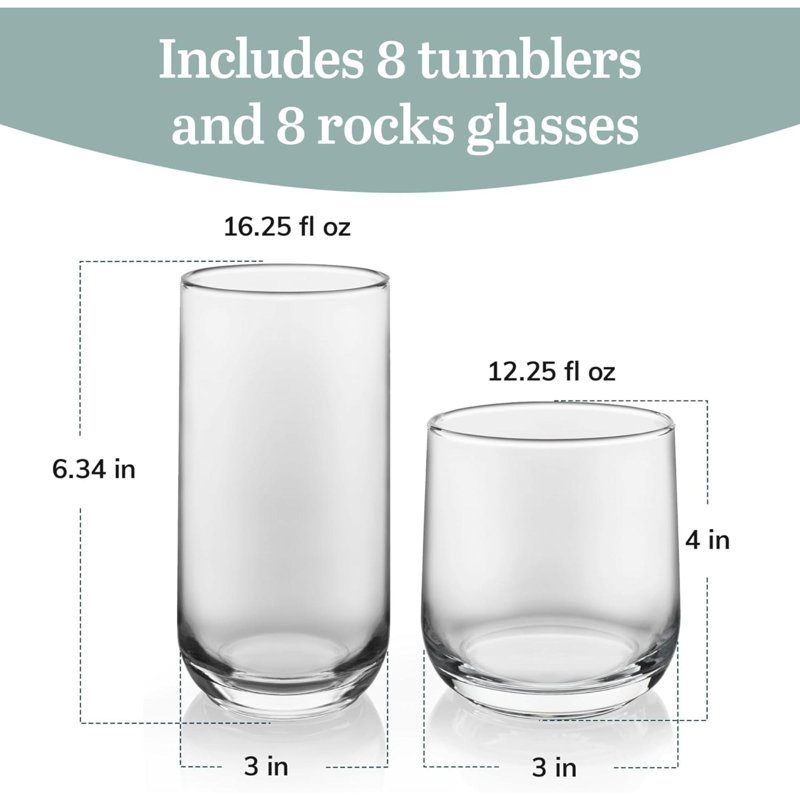 Ascent 16-Piece Tumbler And Rocks Glass Set