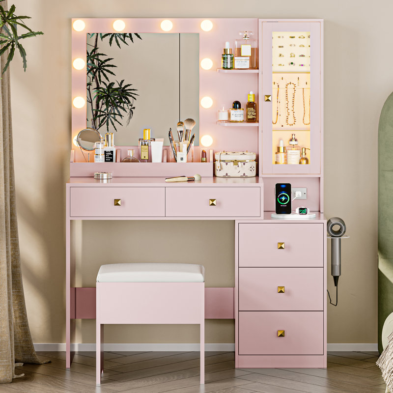 Vanity Desk with Mirror and Lights, Makeup Vanity with 5 Drawers and Hidden Jewelry Organizer, Black