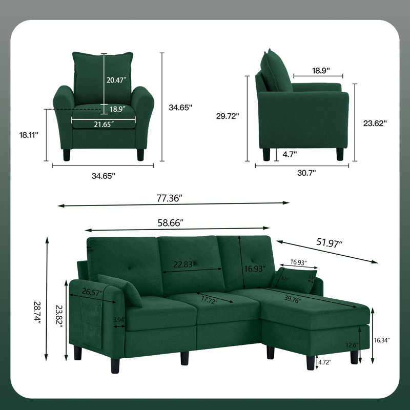 Green Polyester Blend 3-Piece Convertible Sectional Sofa Set