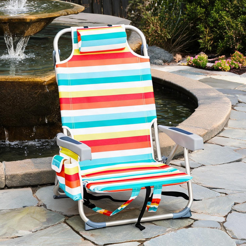 Chaise de plage pliante avec structure en aluminium, revêtement en polyester 600D, capacité de 100 kg, siège inclinable à 5 positions et fonction allongée à plat.