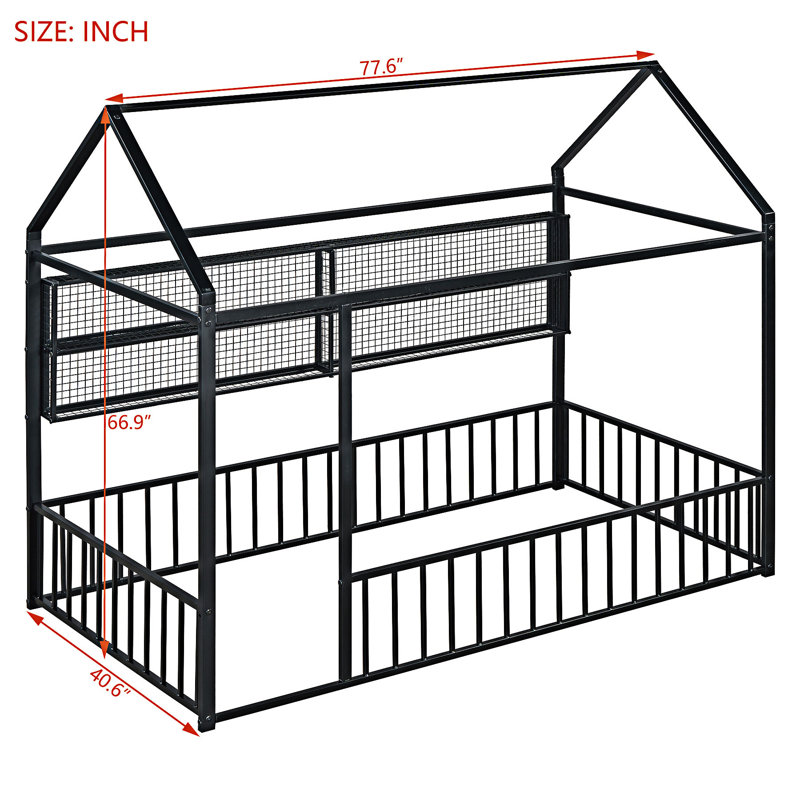 Bed House Bed Frame with Fence and Shelves, Twin, Black