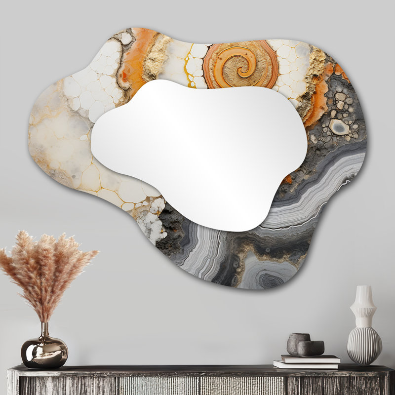 Beige And Yellow Stone Geode Simplicity - Stone Geode Cloud Decorative Wall Mirror, Beige Asymmetrical Large Mirror, Printed Metal Art