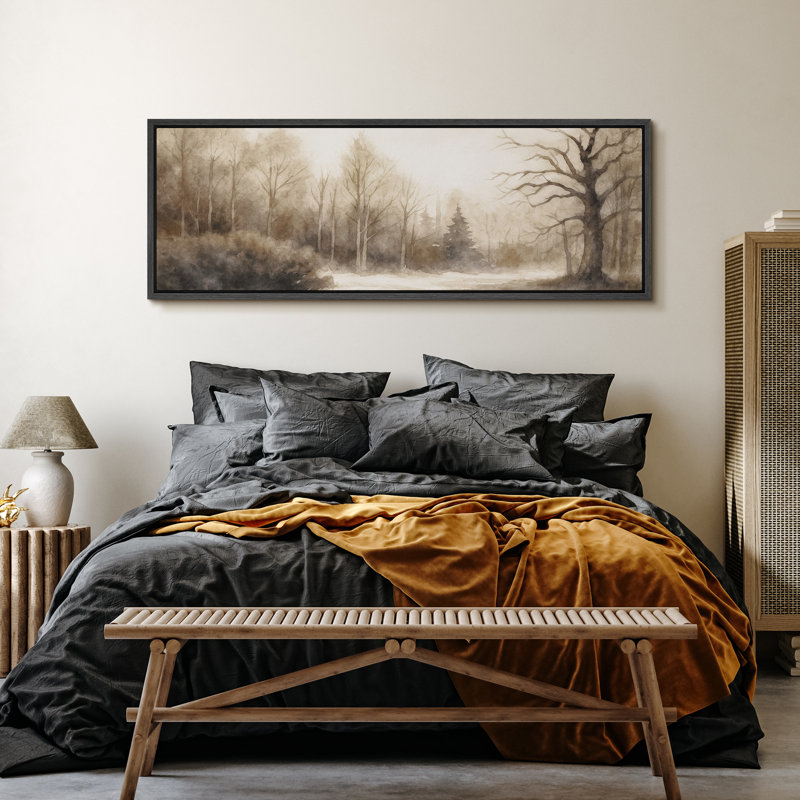 Neutral Toned Forest Landscape Artwork Extra Large Pictures Framed Canvas Print Wall Art, 20" H x 60" W, Black