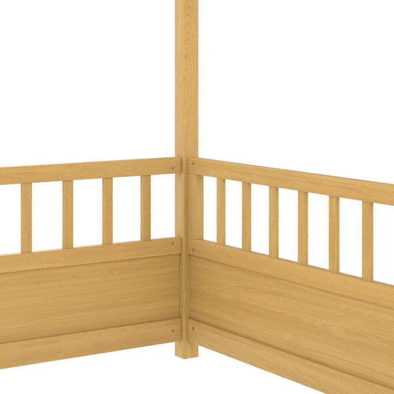 Lit de plancher de maison pleine grandeur de couleur naturelle, cadre de lit en bois de pin, haute clôture pour un sommeil sûr, taille d'assemblage facile du pin, intimité de conception, construction