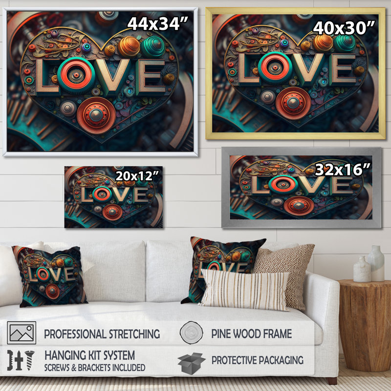 Amour inconditionnel sur sarcelle rétro - impression, H 24 po x l 32 po x P 1 po, Toile tendue