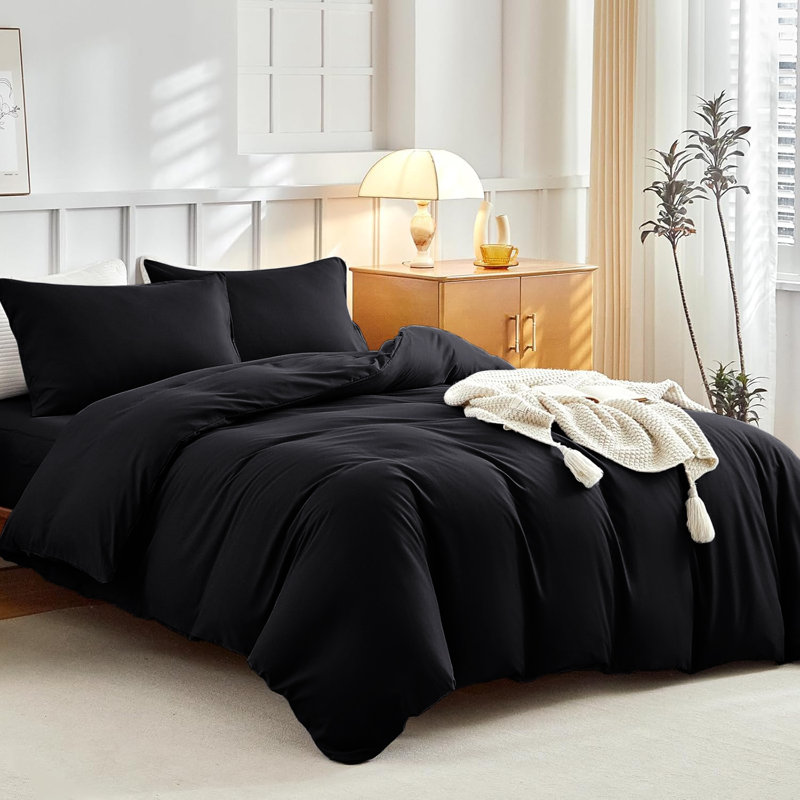 Super Soft Microfibre Reversible Plain Duvet Cover Set, Single Duvet Cover Set + 2 Pillowcases, Black