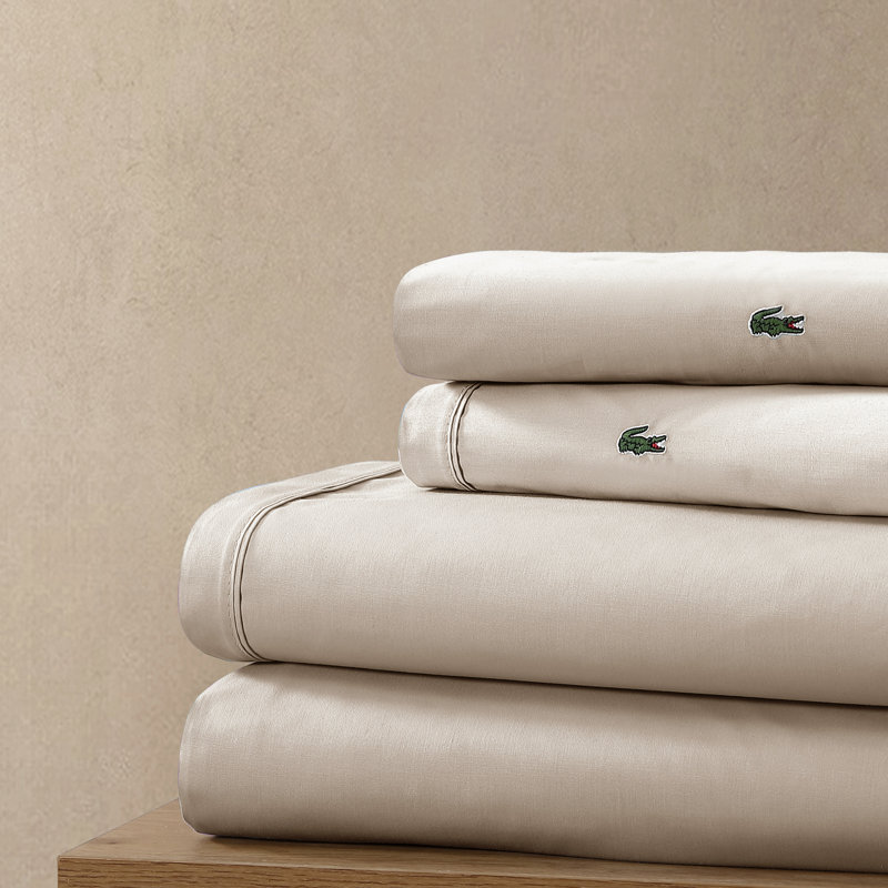 Lacoste Cotton Percale Sheet Set, Cooling & Breathable Bedding, Deep Pocket Fitted Sheet, Pumice Stone, Twin XL, Pumice Stone