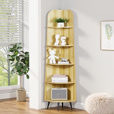 5 Tier Tall Corner Shelf Stand Bookshelf,  Corner Storage Organizer, Wooden Display Rack Etagere, Narrow Bookcase Plant Stand for Small Space