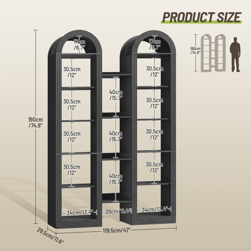 Beetner 74.8H X 47"W Tall Arched Bookshelf, 6-tier Double Cube Bookcase,  Standard Bookcase, Black