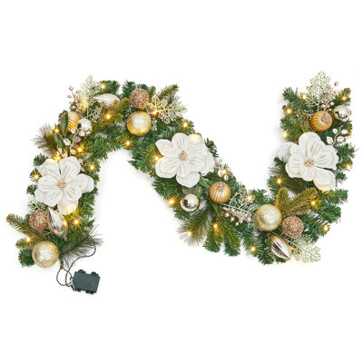 Christmas Flower Wreath, 6 Ft Artificial Front Door Wreath with White Flowers & Gold Balls