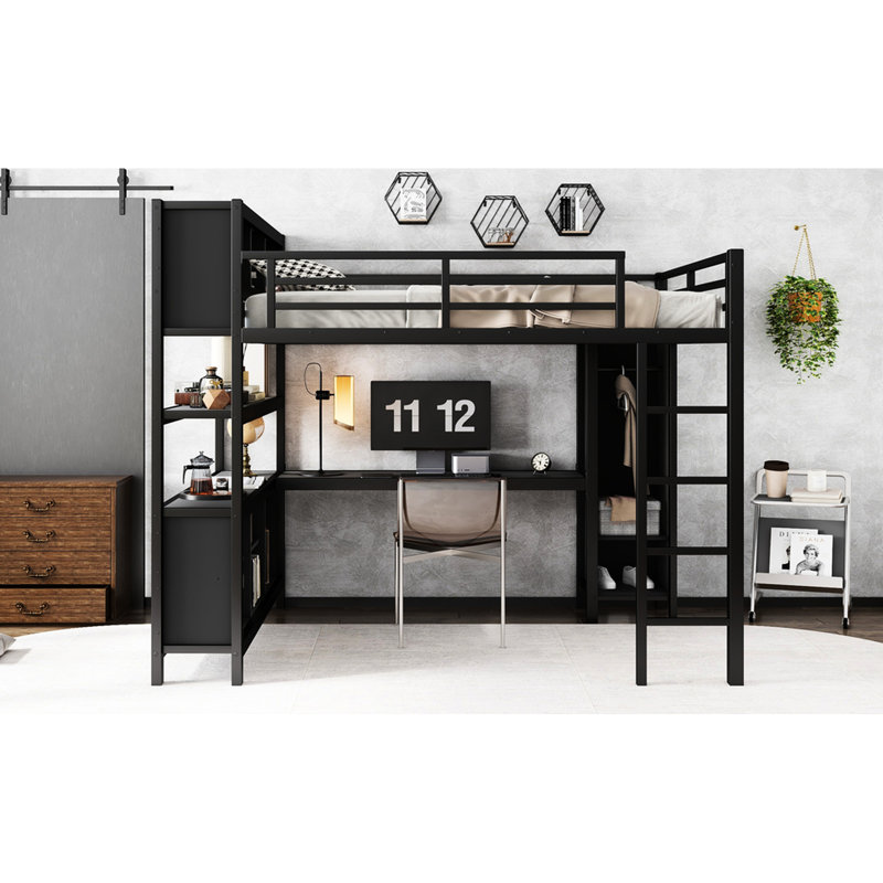 Lit mezzanine en métal pour tous les âges, grand lit avec bureau et garde-robe pratique et rangement, Noir
