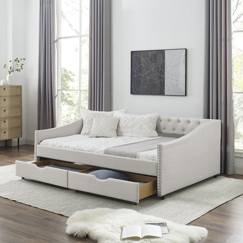 Modern Daybed With Drawers Upholstered Tufted Sofa Bed, With Button On Back And Copper Nail On Waved Shape Arms, Beige