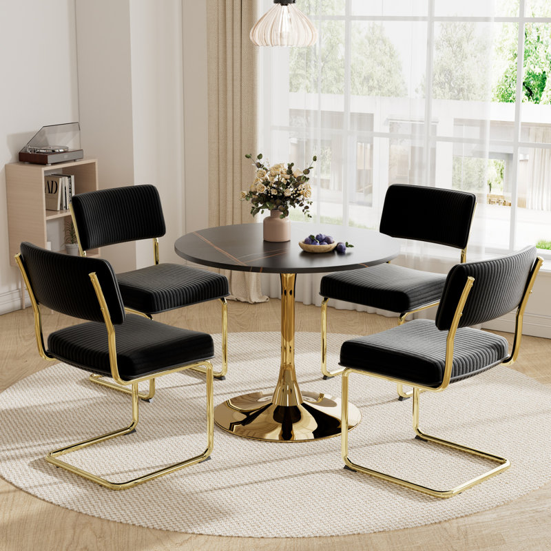 Dining Table Round Kitchen Bistro Table Set, Gold/Black, 5 Pieces: Table, 4 Chairs, 28.7" H x 31.5" W x 31.5" D