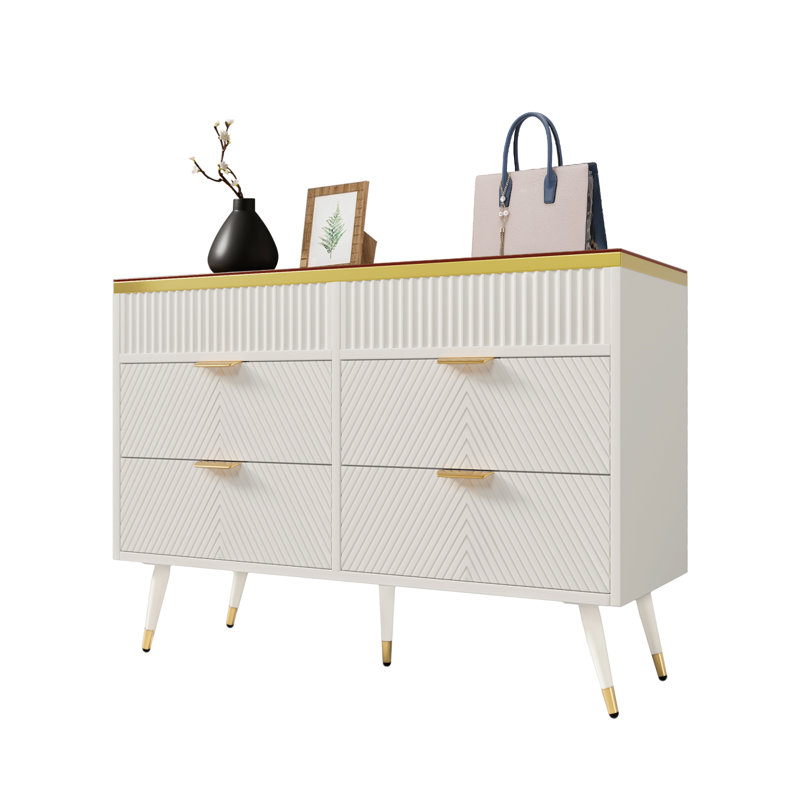 6 - Drawer Rectangle Accent Chest, White, Brushed Gold