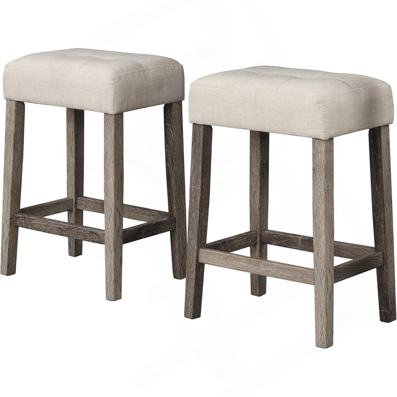 Transitional 24" Wood Counter Stool Set Of 2, Backless Counter Seating With Upholstered Linen Fabric Cushion, Kitchen/Dining Room Furniture, Antique Oak
