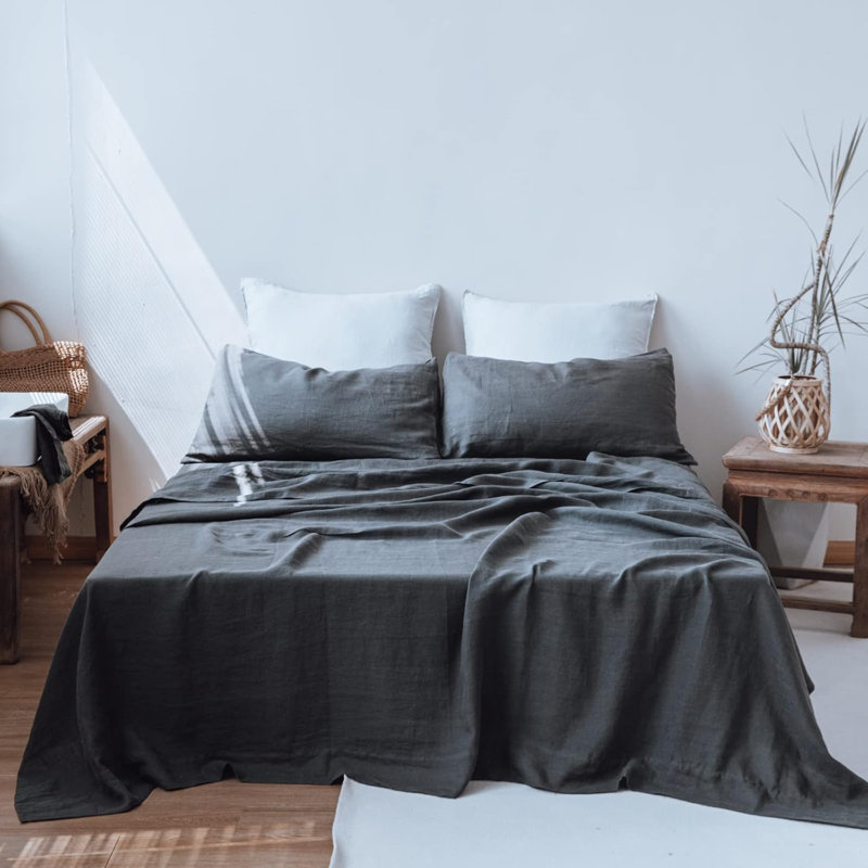 100% Linen Sheets Set, Queen Sheet Set with 2 Pillowcases, Dark Gray