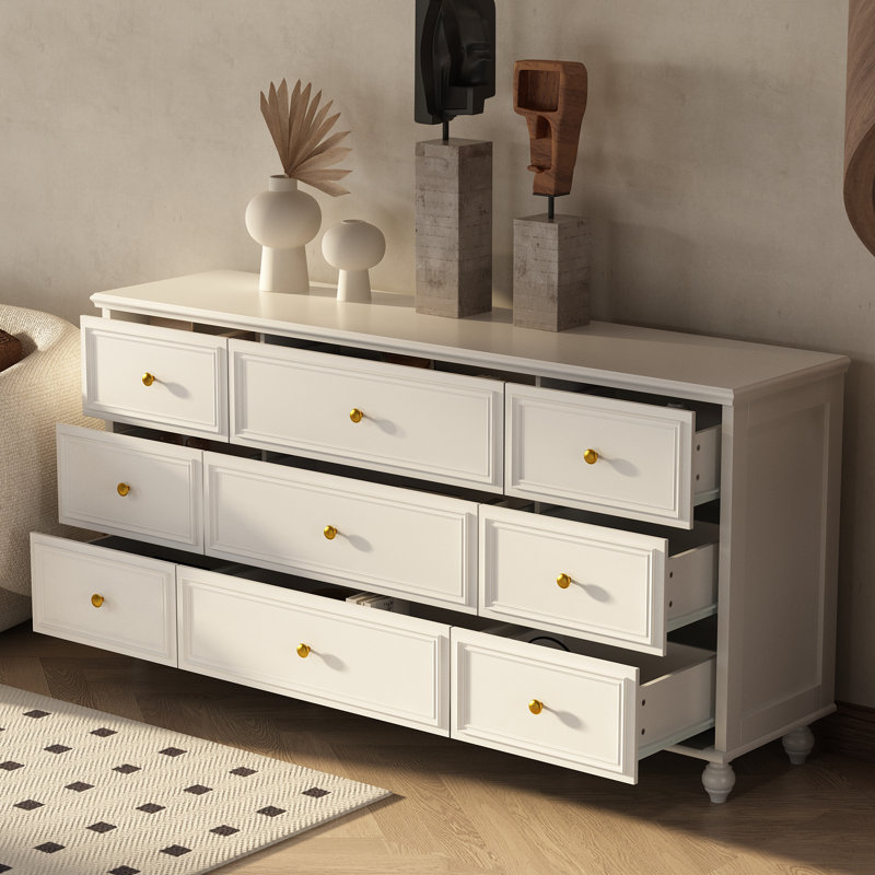 63" Wide 9-Drawer Dresser with Gold-Tone Knobs, White