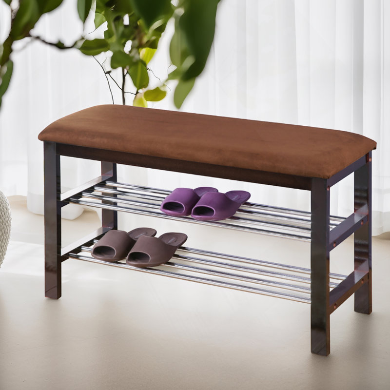 Wood Shoe Bench With Chocolate Microfiber Seat