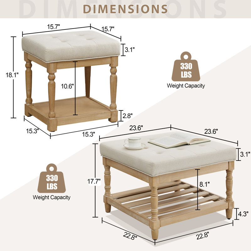  Gladis 4-Piece Linen Fabric Coffee Table and End Table Set with Storage, Beige Top/Light Brown Base