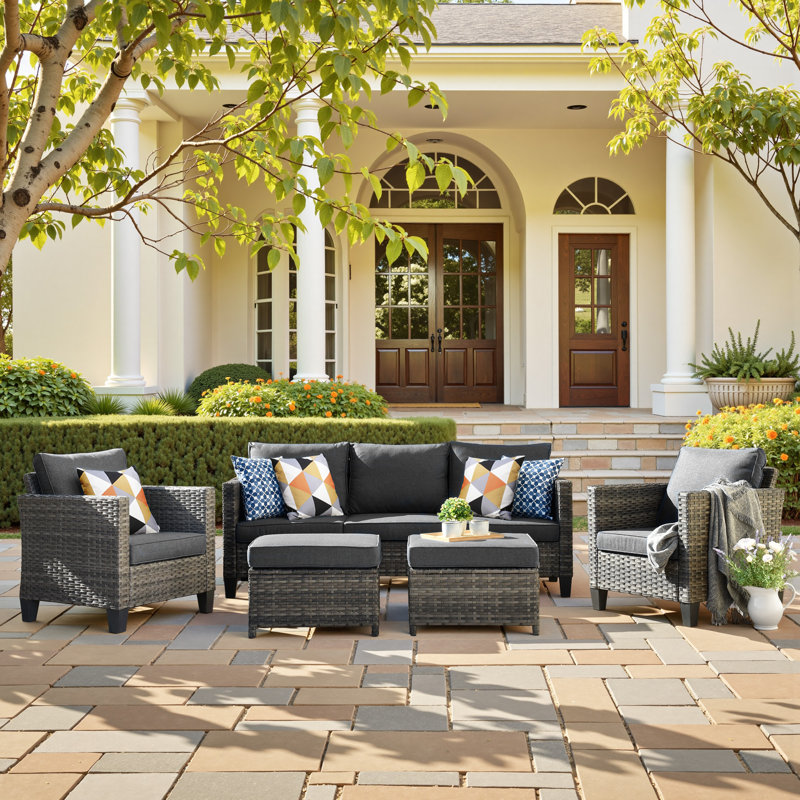 Harbin Wicker 5 Piece Rattan Sofa Seating Group with Cushions with Armchairs, Black, No