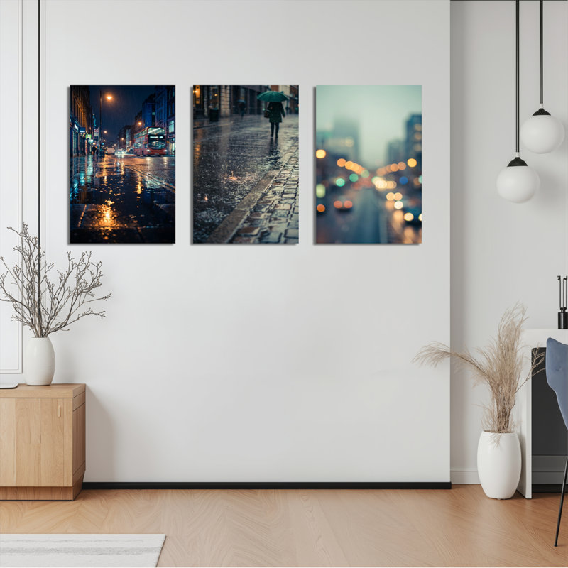 Ensemble de 3 tableaux sur toile représentant une scène de rue pluvieuse en ville, pour la décoration du salon, de la chambre et de la maison.
