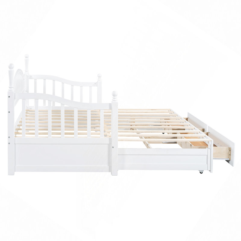 Wooden Daybed With Trundle, Extendable Daybed With Two Storage Drawers, White