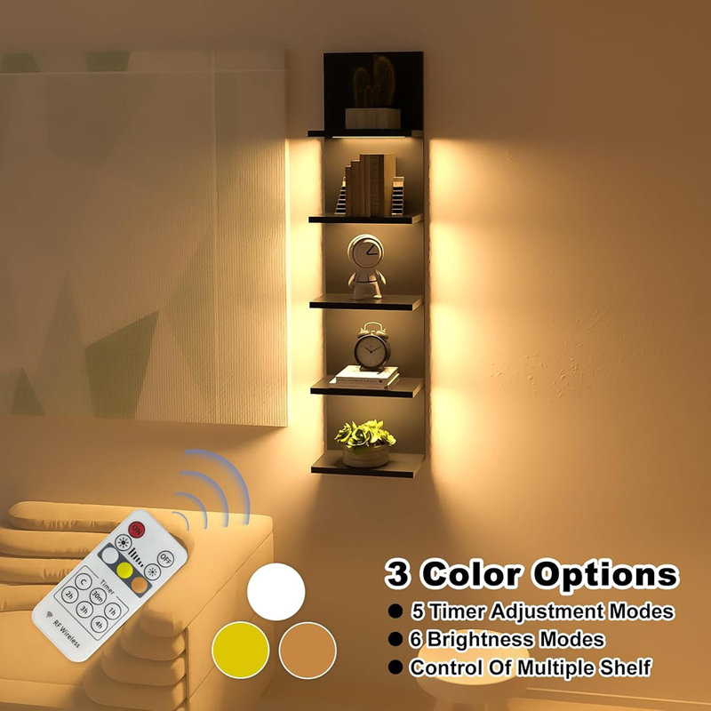 5 Tier Wall Shelves With LED Light, Vertical Column Shelf Floating Storage Home Decor Organizer Tall Tower Design Utility Shelf (Black)