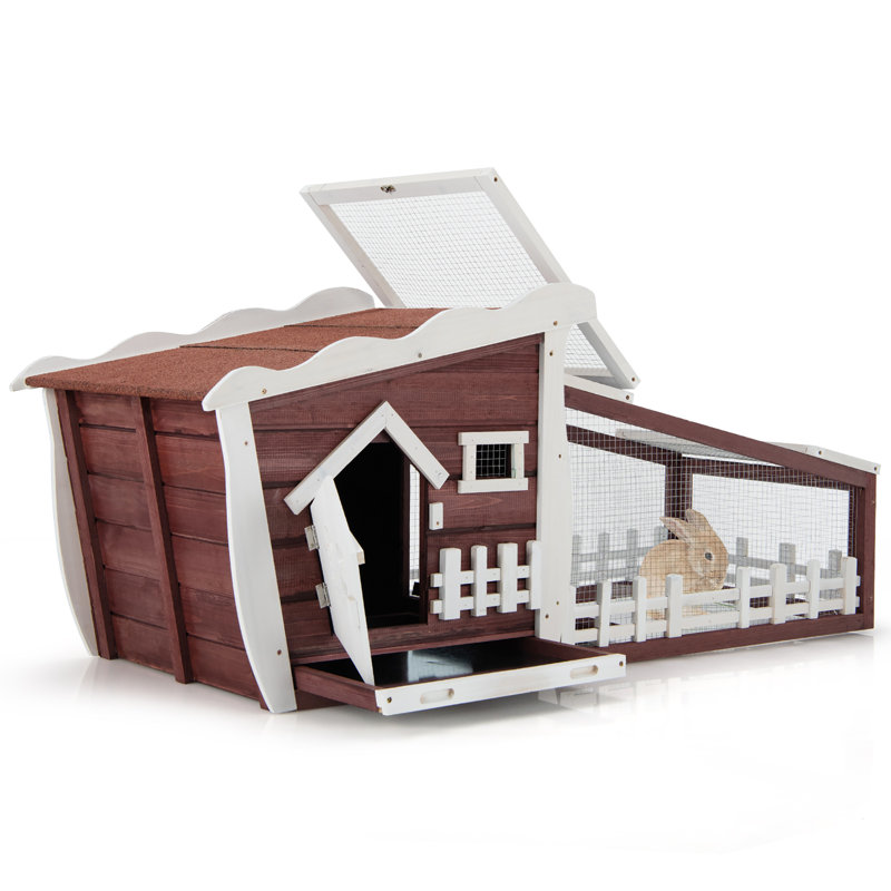 Red and White Wooden Rabbit Hutch with Pull Out Tray