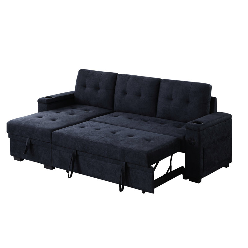 Dark Gray Sectional With Storage Chaise, Cup Holder & 193.55 Lb Weight Fabric Reversible Sleeper Holder, Charging Ports Side Pockets