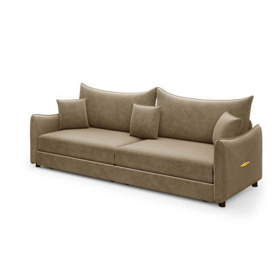 81.9" King Pull Out Sofa Bed, 3-in-1 Convertible Velvet Couch with 3 Pillows & Accent Detail, Modern 3-Seater for Small Spaces