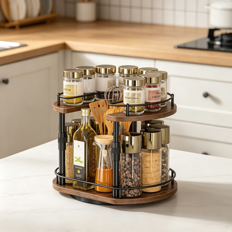 Étagère à épices à 2 niveaux pour armoire et comptoir Lazy Susan, Brun