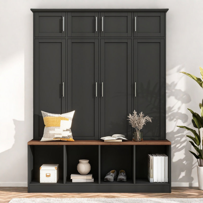75"H Hall Tree with Open Storage,3-in-1 Hall Tree with Bench, Black