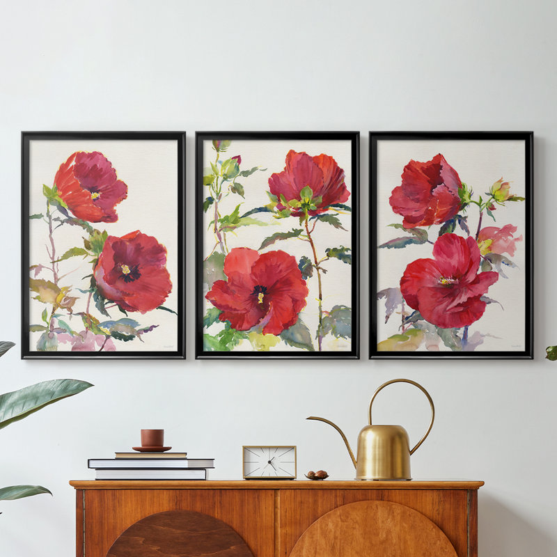 Hibiscus Glow I - Toile tendue avec châssis sur mesure - 3 pièces, H 27 po x l 39 po, Noir