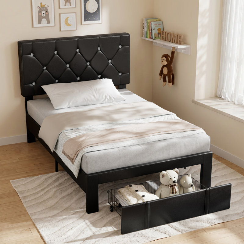 2 Pack Black Upholstered Headboard Adjustable Height Twin Size Platform Single Bed With Drawer, Black
